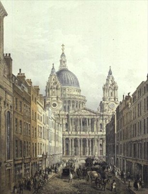 Katedra św. Pawła, patrząc w górę Ludgate Hill, wyd. 1852 przez LLoyd Bros. & Co. (akwatinta) autorstwa Edmund (after) Walker