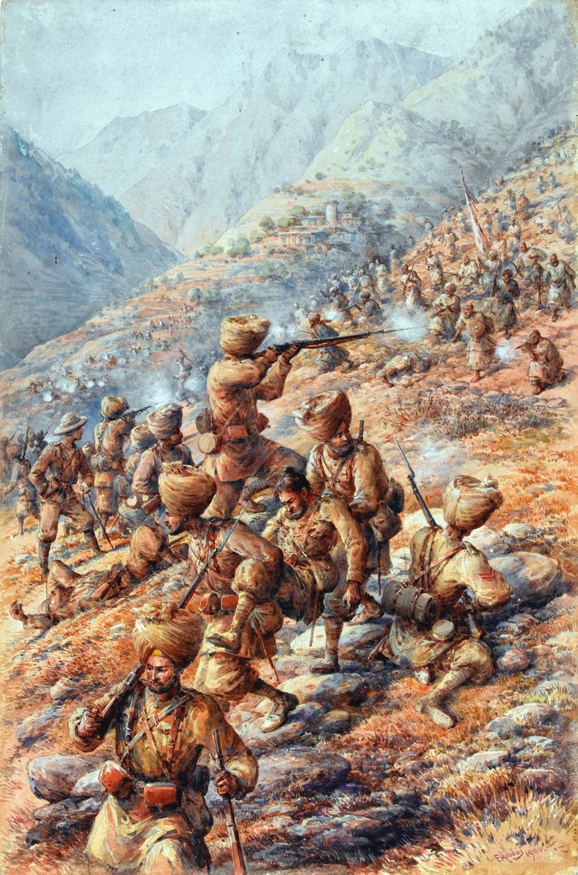 35 (sikh) pułk piechoty bengalskiej, siły polowe Malakand, odpierając atak plemion autorstwa Edmund Arthur Ponsonby Hobday