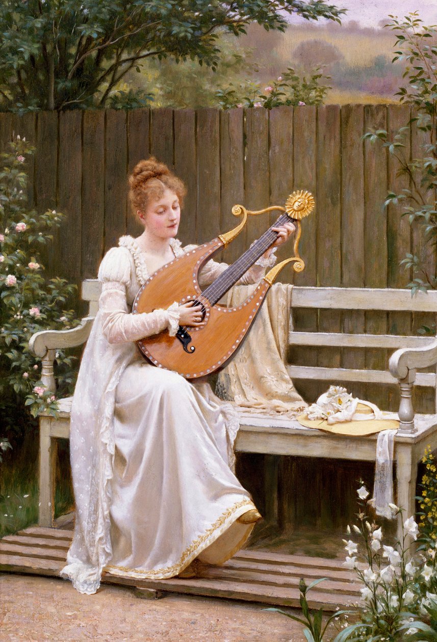 "Con Amore" Młoda kobieta grająca na lirze. Obraz namalowany przez Edwarda Blaira Leightona (1853-1922) w 1895 r. autorstwa Edmund Blair Leighton