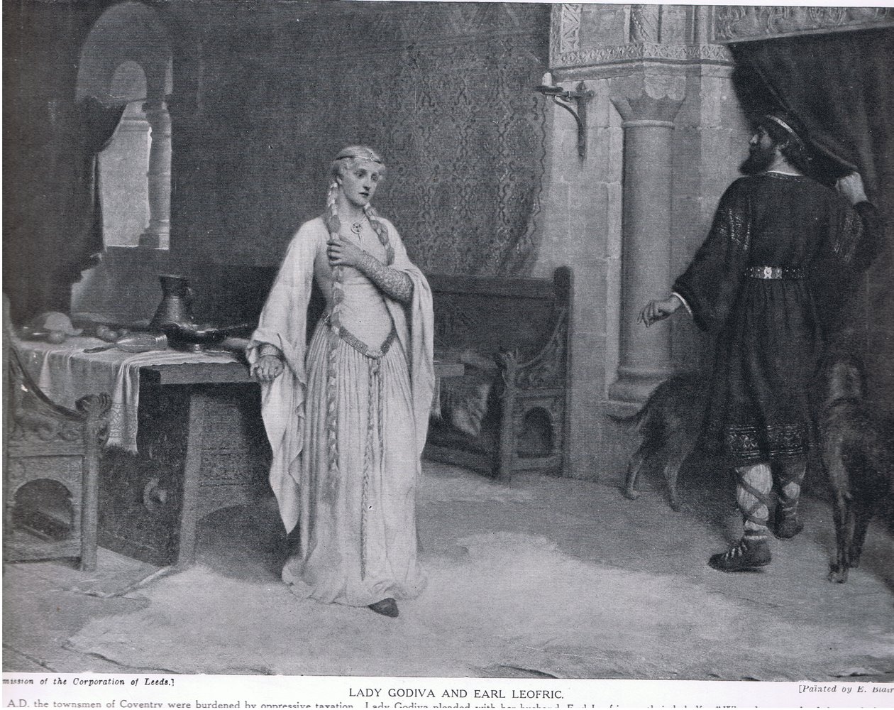 Lady Godiva i hrabia Leofric, ilustracja z „Historia narodów Hutchinsona”, c.1910 autorstwa Edmund Blair Leighton