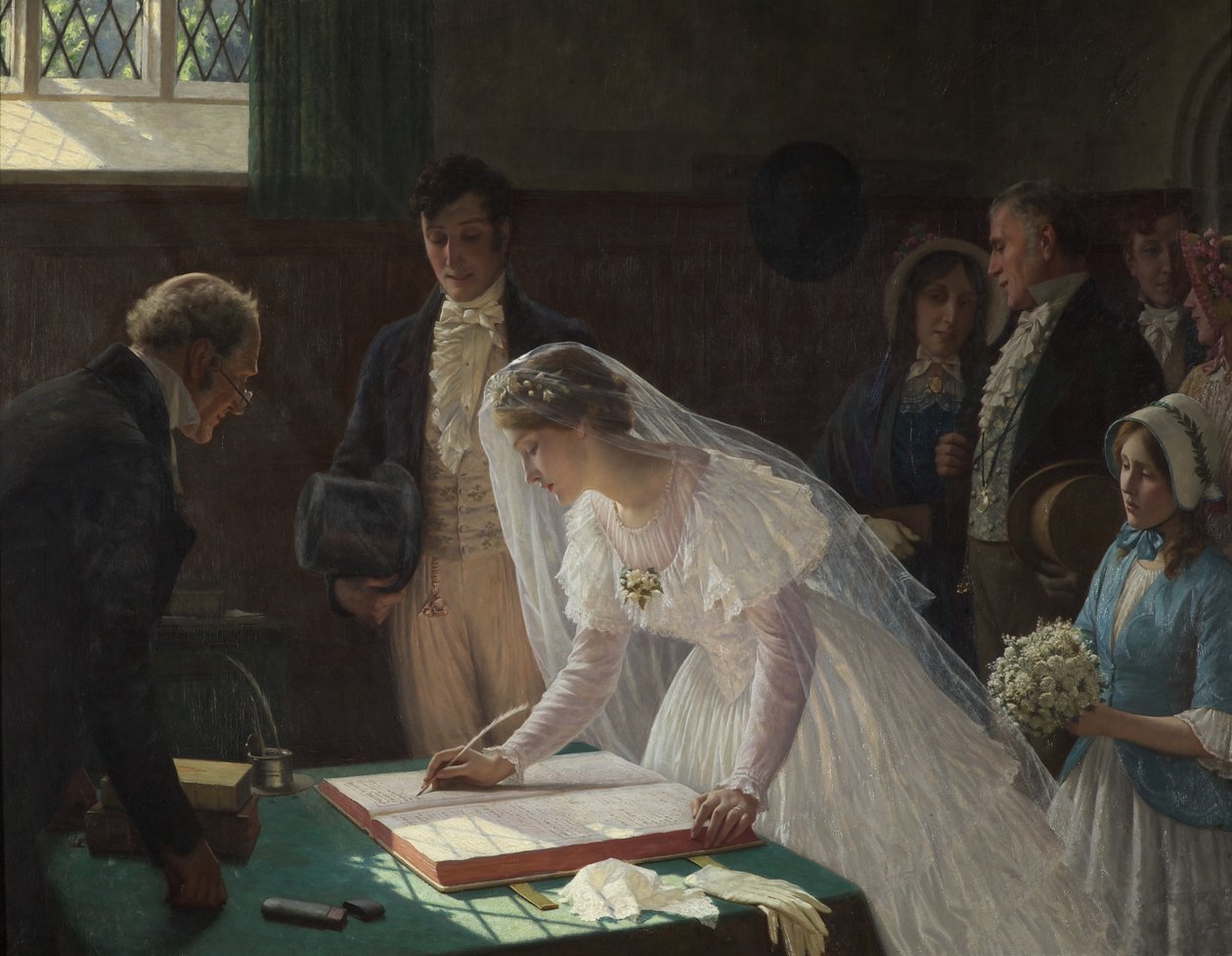 Podpisanie Rejestru (olej na płótnie) autorstwa Edmund Blair Leighton