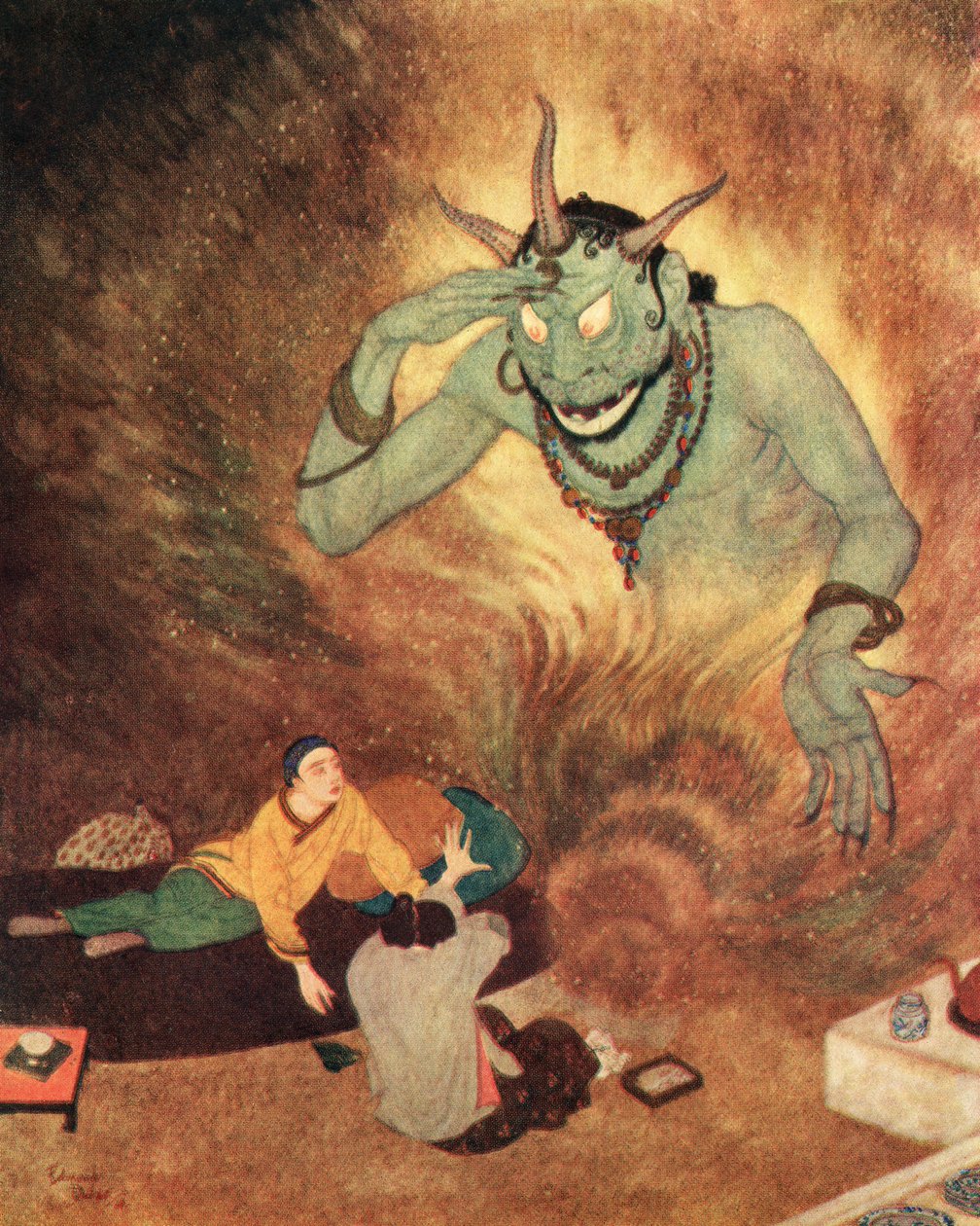 Aladyn i Efryt, ilustracja z filmu "Aladyn i cudowna lampa autorstwa Edmund Dulac
