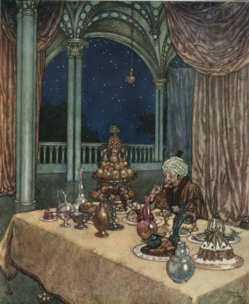 Piękna i Bestia: Ojciec Belli przybywa do zamku i odkrywa stół wypełniony prowiantem, ok. 1910 r. (litografia) autorstwa Edmund Dulac