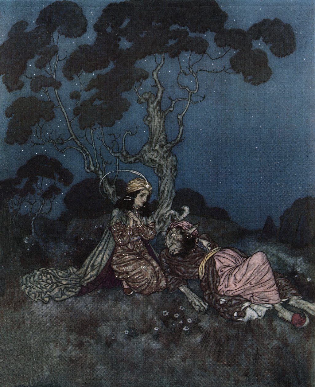 Piękna i Bestia: Piękna przestraszona przez Bestię leży obok niej, ok. 1910 r. (litografia) autorstwa Edmund Dulac