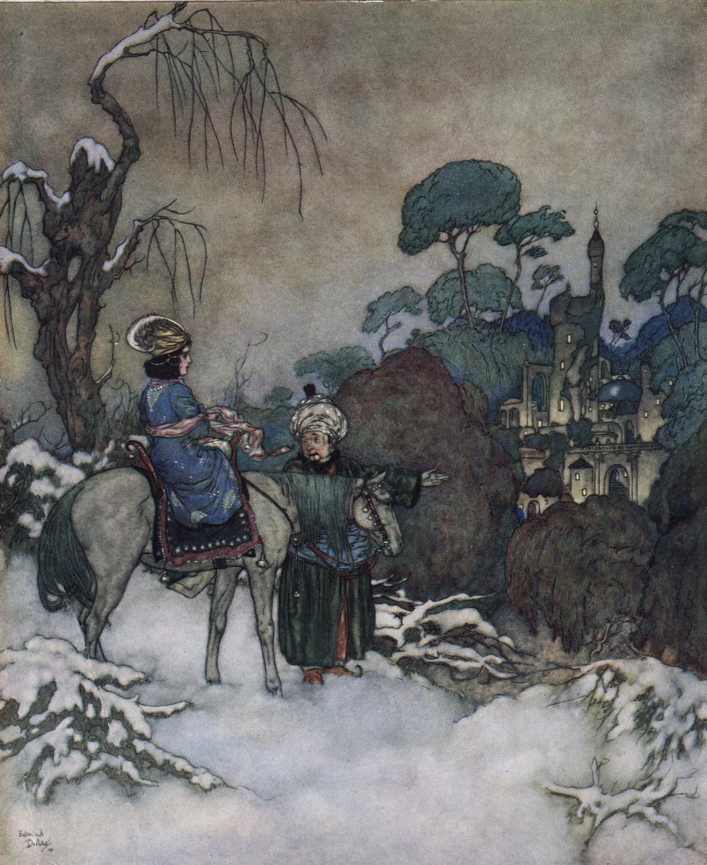 Piękna i bestia: Belle, która zgodziła się zająć miejsce swojego ojca uwięzionego w Bete, aby go uwolnić, zmierza w kierunku zamku, ok. 1910 r. (litografia) autorstwa Edmund Dulac