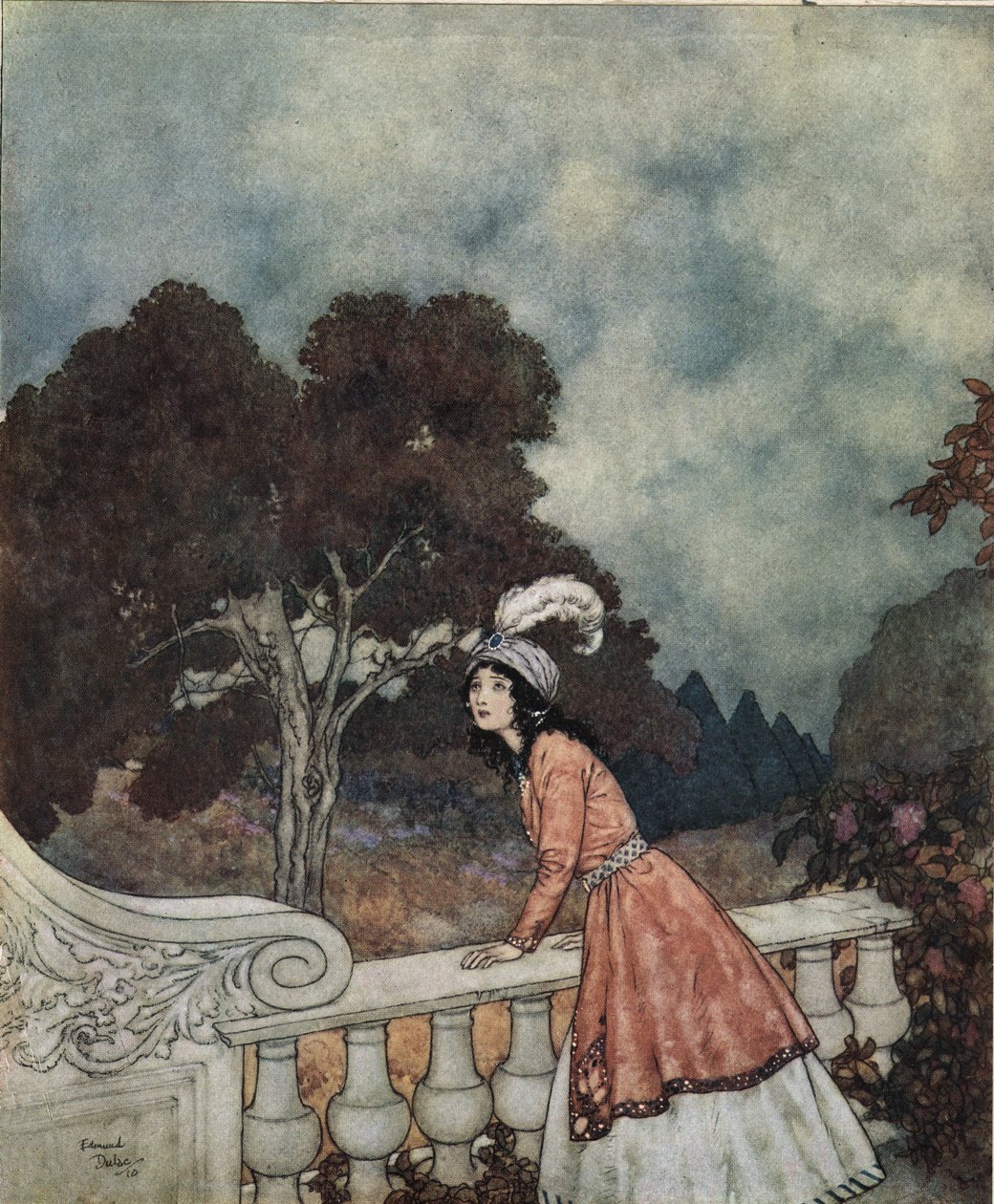 Niebieska broda: Młoda żona Błękitnobrodego, Fatima, pyta swoją siostrę Anne, czy widzi swoich braci z wieży, ok. 1910 r. (litografia) autorstwa Edmund Dulac