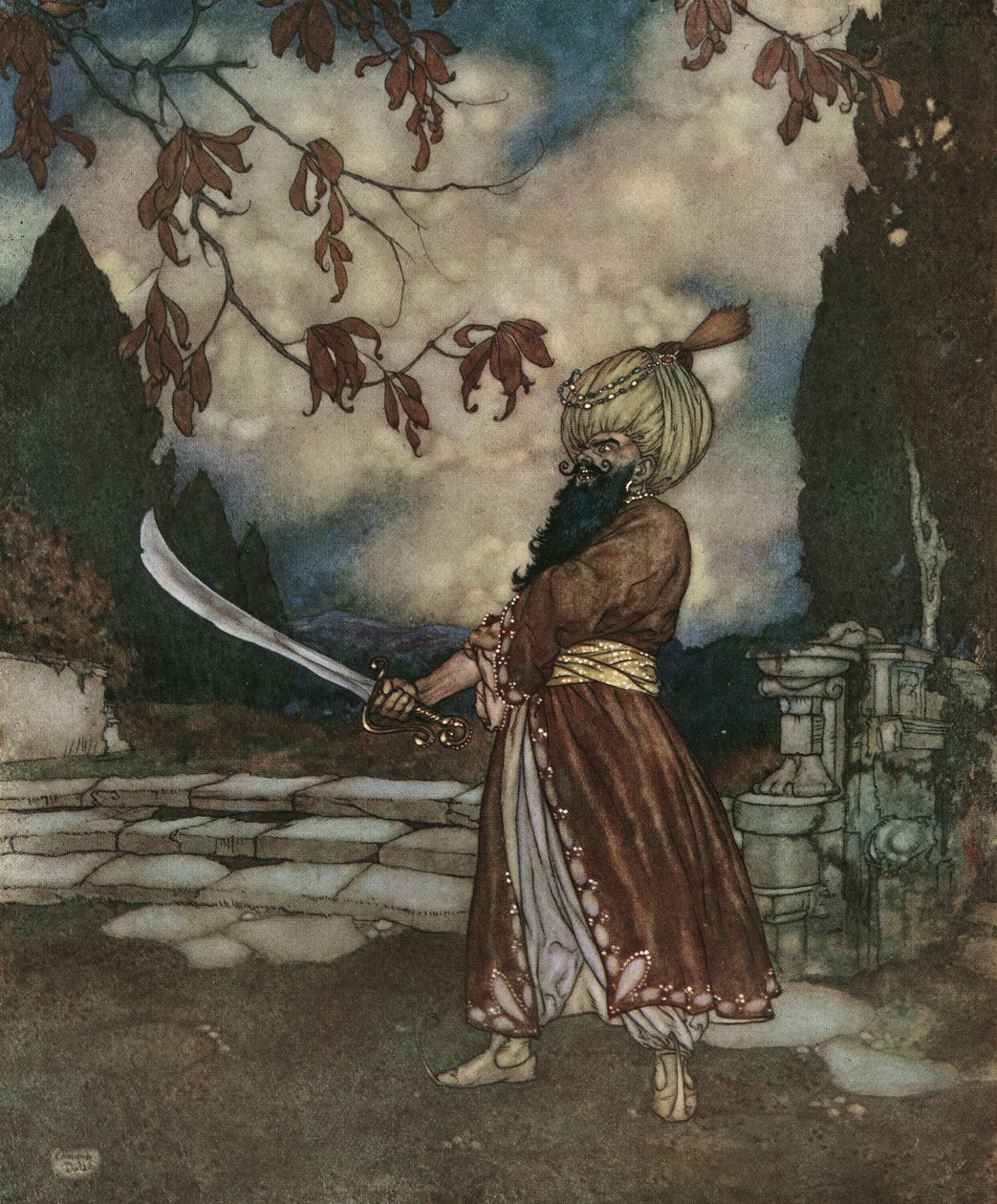 Niebieska broda: Przerażający Niebieskobrody ma brodę tak czarną, że wygląda na niebieską, ok. 1910 r. (litografia) autorstwa Edmund Dulac