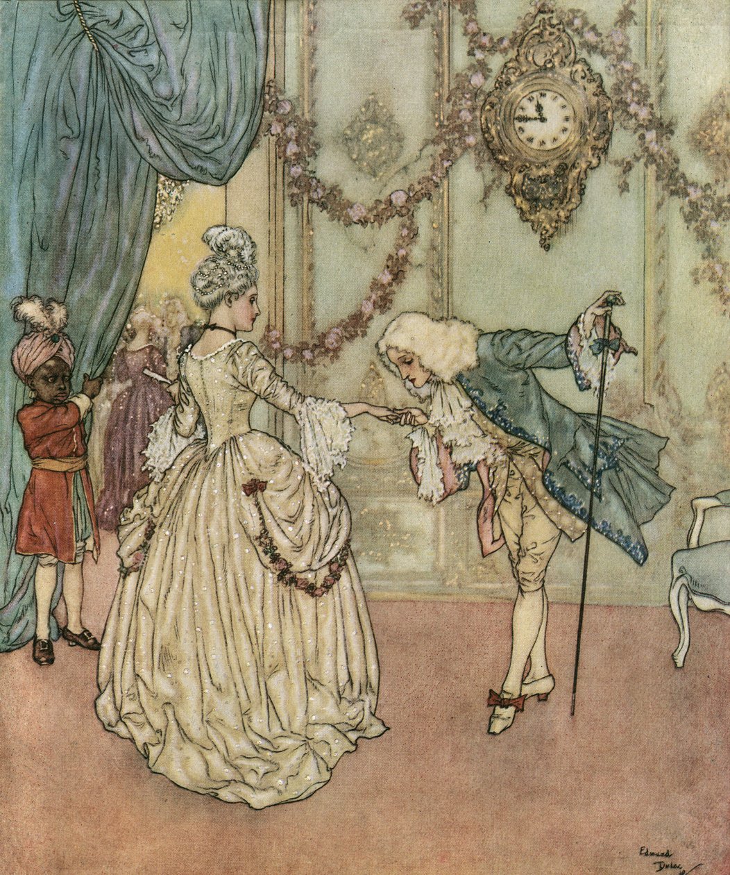 Kopciuszek: Młody Kopciuszek przybył na bal dzięki swojej matce chrzestnej i spotyka księcia, który całuje ją w rękę ok. 1910 r. (litografia) autorstwa Edmund Dulac