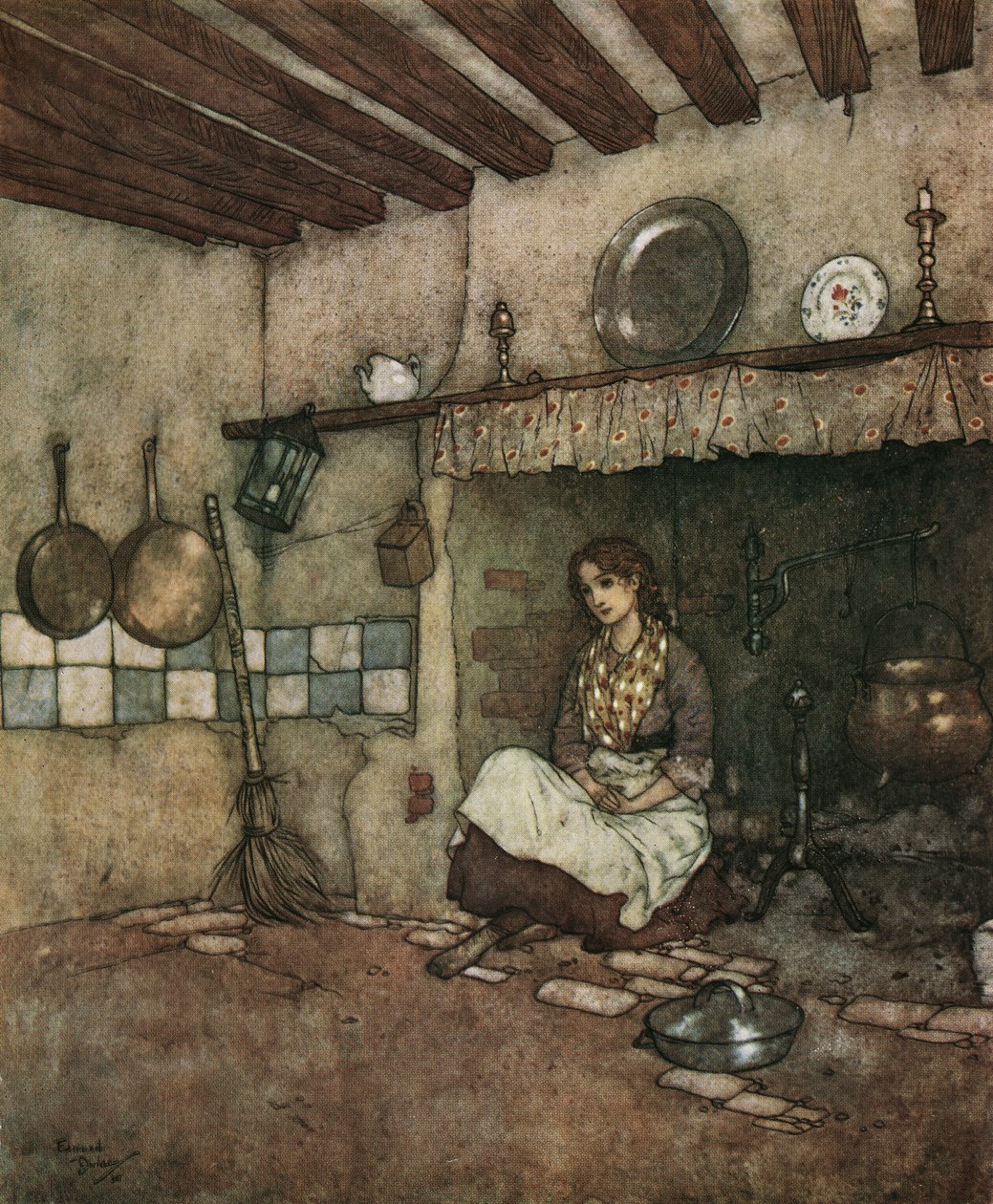 Kopciuszek: młody Kopciuszek siedzący wśród popiołu w kominie, ok. 1910 r. (litografia) autorstwa Edmund Dulac