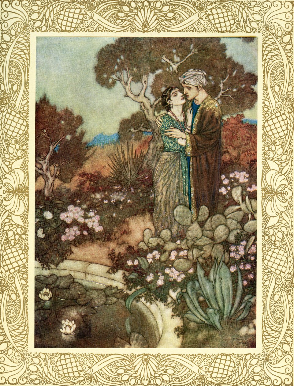 Czy w swojej małej godzinie łaski, Falujący cyprys w twoich ramionach, Zanim Matka z powrotem w swoje ramiona Złoży cię i rozpuści w ostatnim uścisku, ilustracja z "The Rubaiyat of Omar Khayyam", opublikowana w 1909 r. (kolorowa litografia). autorstwa Edmund Dulac