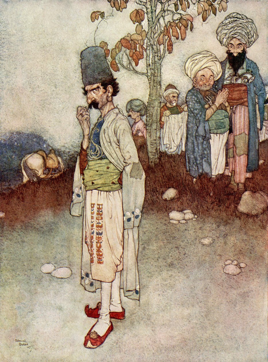 Przybrał przebranie odpowiednie do swojego celu, ilustracja z filmu "Ali Baba i czterdziestu złodziei". autorstwa Edmund Dulac