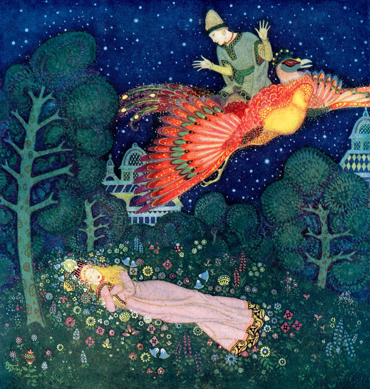 Ilustracja do rosyjskiej baśni Ognisty ptak autorstwa Edmund Dulac