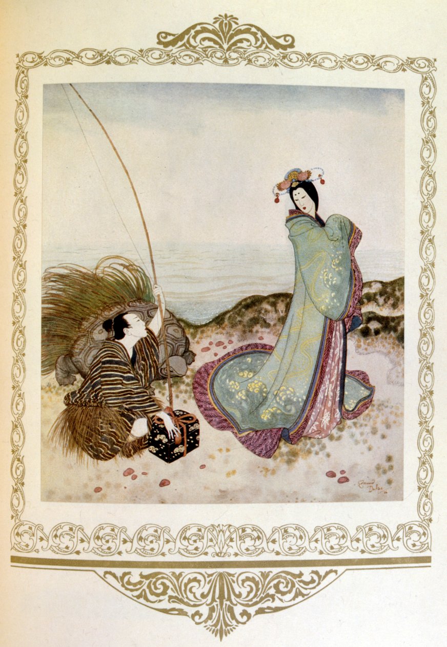 Ilustracja "mężczyzna z gigantycznym żółwiem rozmawia z kobietą. Japonia" autorstwa Dulaca. autorstwa Edmund Dulac