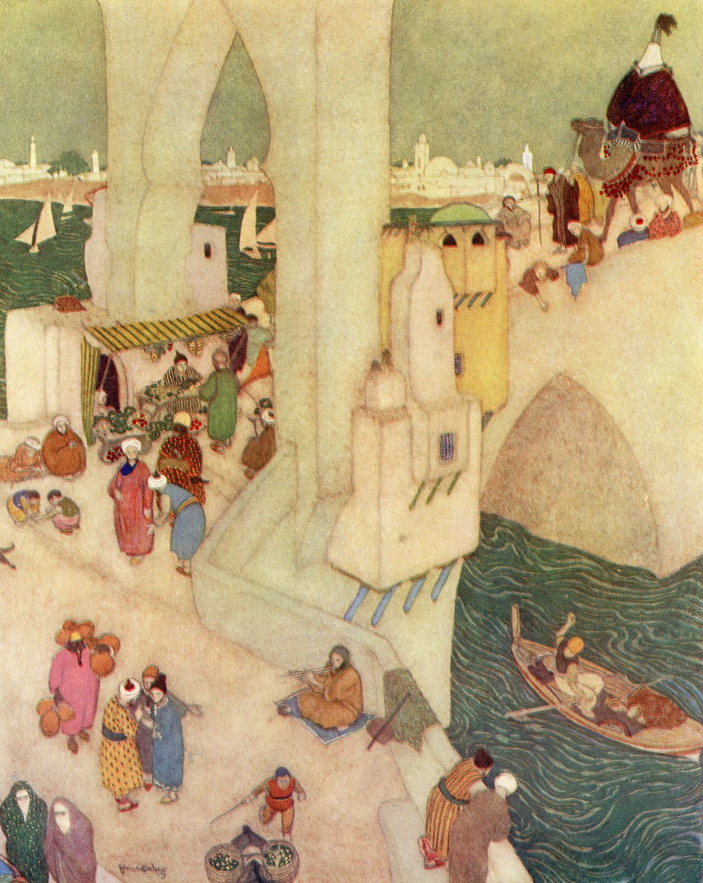 W mieście Bagdad, ilustracja z filmu "Sindbad Żeglarz autorstwa Edmund Dulac