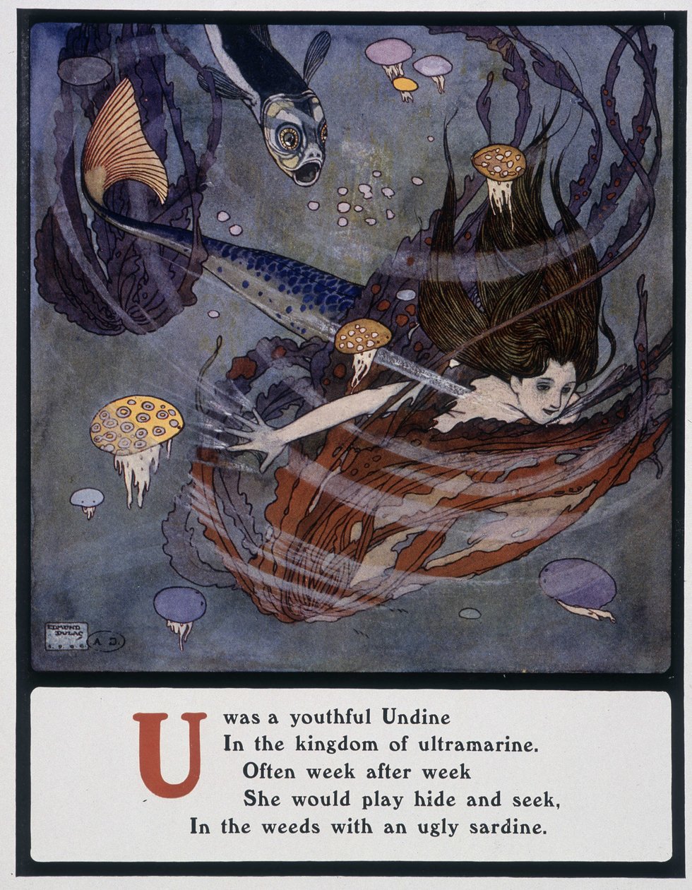 Litera U (Undine), syrena pod powierzchnią morza, ok. 1908 (rysunek) autorstwa Edmund Dulac