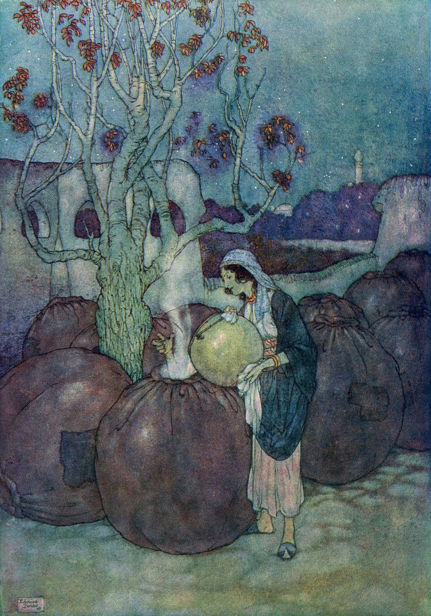 Morgiana wlała po kolei do każdego słoika odpowiednią ilość wrzącego oleju, ilustracja z filmu "Ali Baba i czterdziestu złodziei". autorstwa Edmund Dulac
