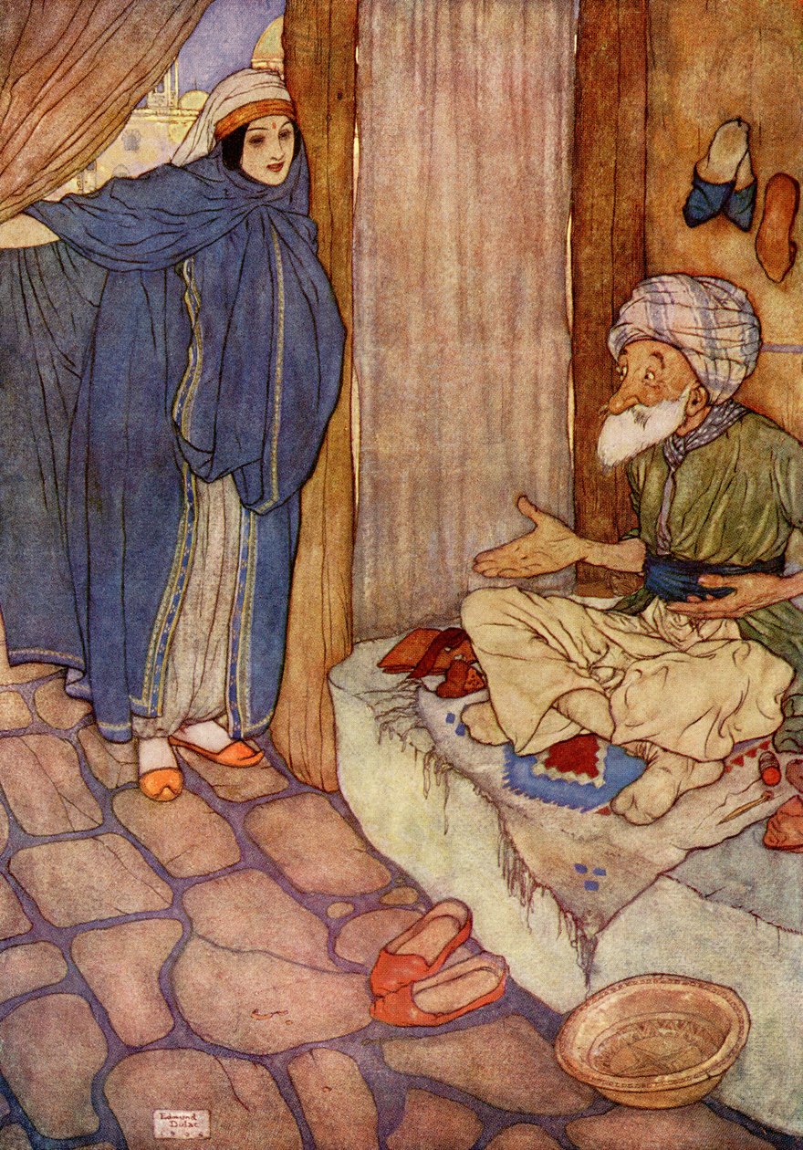 Mustafa bardzo wątpił w swoją zdolność do powstrzymywania się od pytań, ilustracja z "Ali Baba i czterdziestu złodziei autorstwa Edmund Dulac