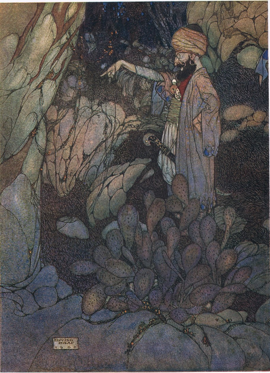 Otwarty sezam, ilustracja z filmu "Ali Baba i czterdziestu złodziei" (kolorowa litografia) autorstwa Edmund Dulac