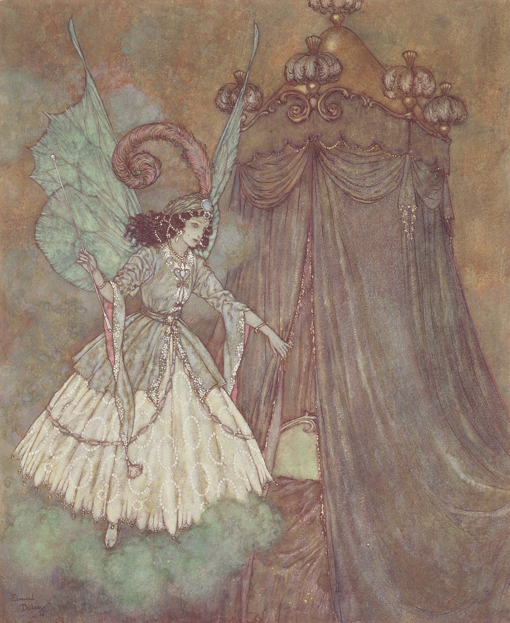 "Znalazła się twarzą w twarz z dostojną i piękną damą", ilustracja z "Pięknej i Bestii". autorstwa Edmund Dulac