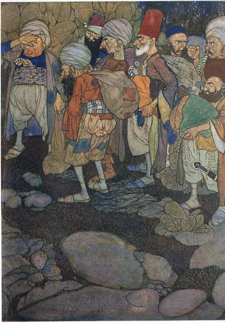 Niektórzy z Czterdziestu Złodziei, ilustracja z filmu "Ali Baba i Czterdziestu Złodziei" (kolorowa litografia) autorstwa Edmund Dulac