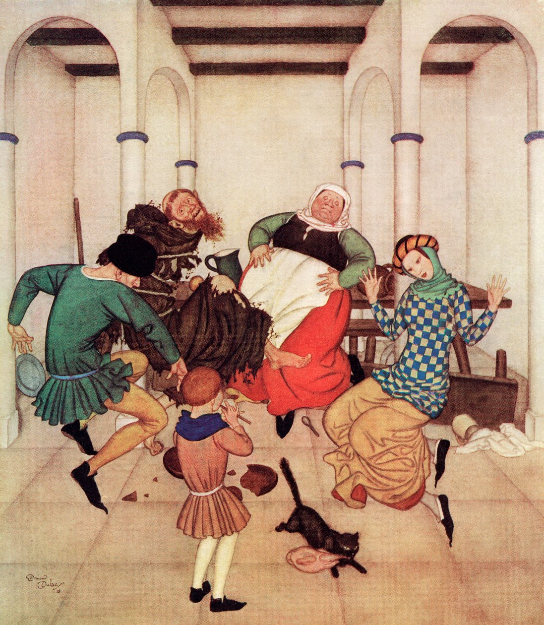 "The Friar, bound fast to the post, squirted and wriggle, showing explicitly that he would foot it if he could", ilustracja z angielskiej baśni The Friar and the Boy, z książki Edmunda Dulaca Fairy-Book: Fairy Tales of the Allied Nations, wyd. 1916 r. autorstwa Edmund Dulac
