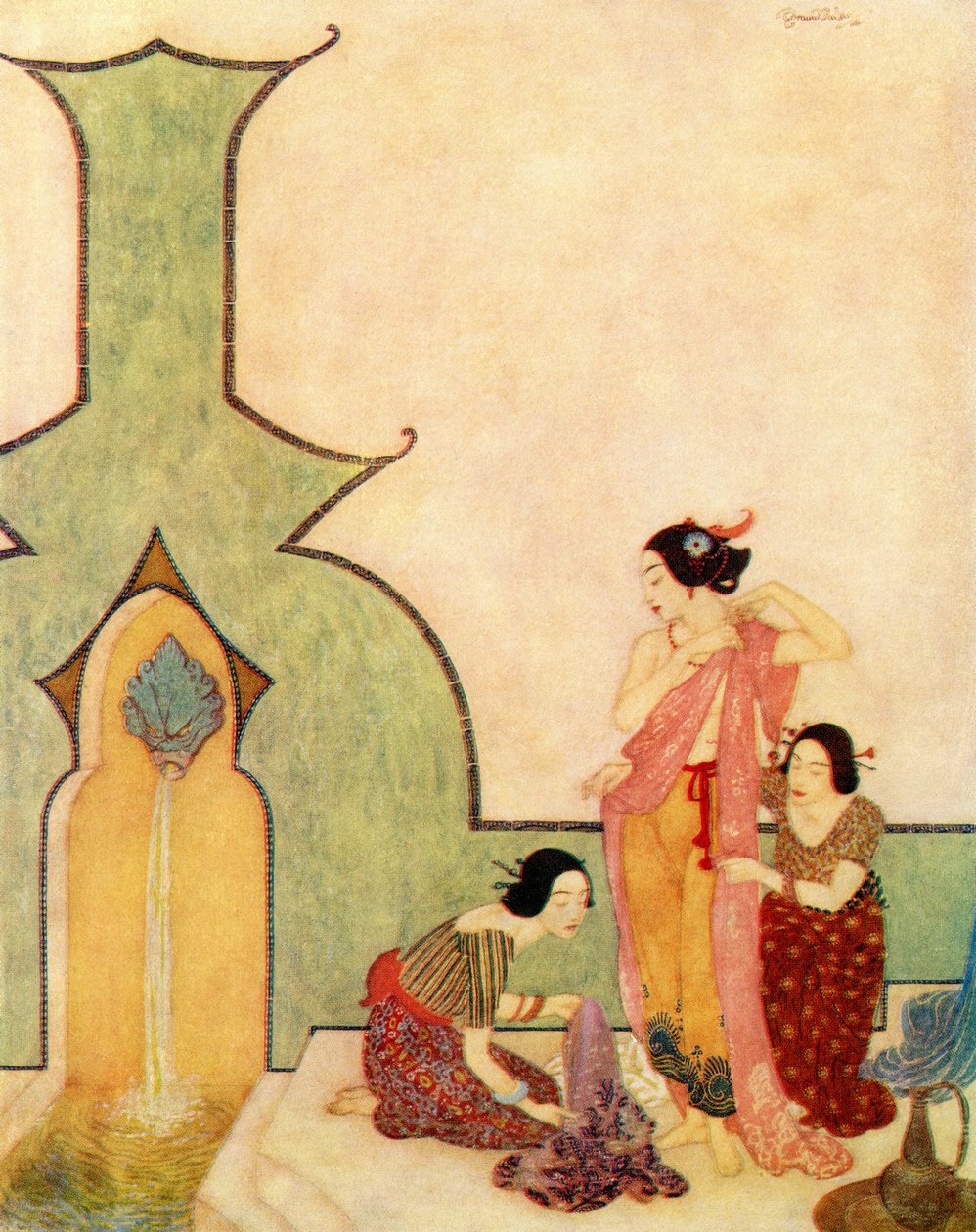 Dama z Bedr-el-budur przychodzi do łaźni, ilustracja z filmu "Aladyn i cudowna lampa autorstwa Edmund Dulac
