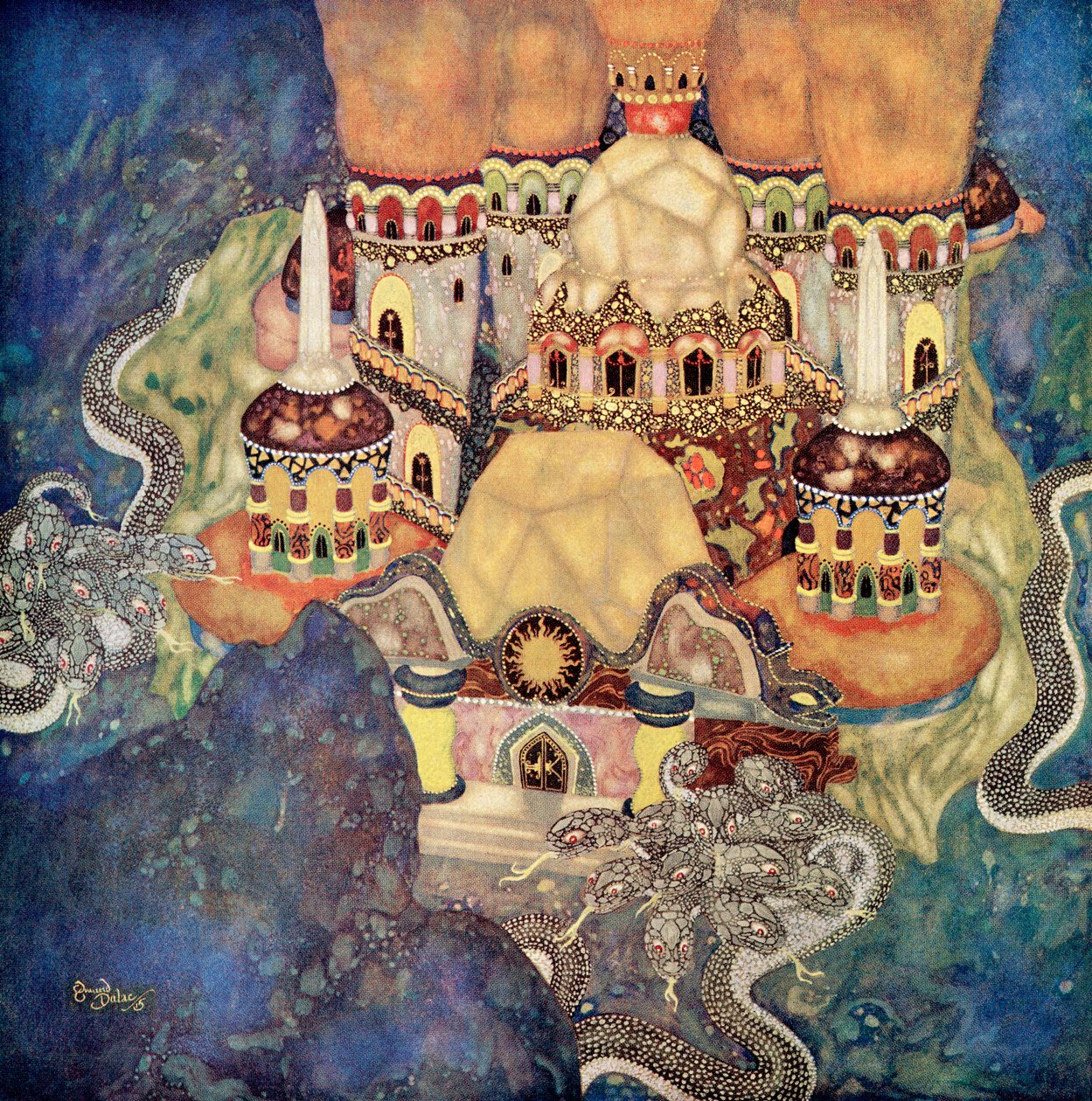"The Palace of the Dragon King", ilustracja z serbskiej baśni "The Story of Bashtchelik", z książki Edmunda Dulaca "Fairy-Book: Fairy Tales of the Allied Nations, wyd. 1916 (akwarela na papierze) autorstwa Edmund Dulac
