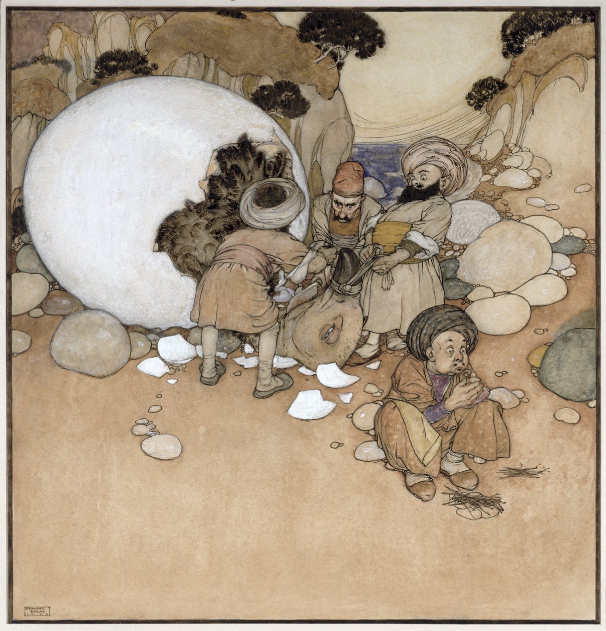 Jajo Sokoła, scena z filmu "Sindbad Żeglarz" z "Arabskich nocy autorstwa Edmund Dulac