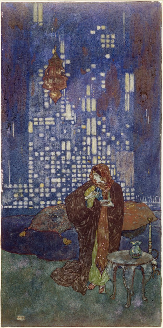 "Kielich wina, który daje mu każdej nocy, zawiera nasenne przeciąganie", ilustracja do "King of the Ebony Isles". autorstwa Edmund Dulac