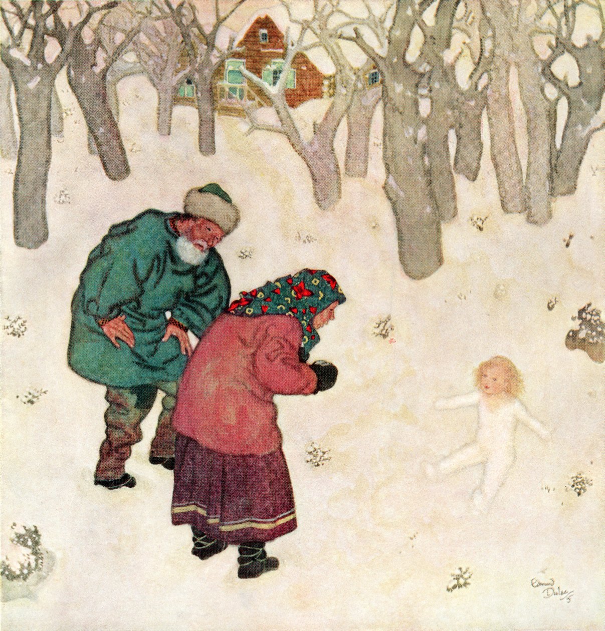 "The daintiest, prettytiest little maiden they had ever seen", ilustracja z rosyjskiej bajki Snegorotchka, z książki Edmunda Dulaca Fairy-Book: Fairy Tales of the Allied Nations, wyd. 1916 r. autorstwa Edmund Dulac