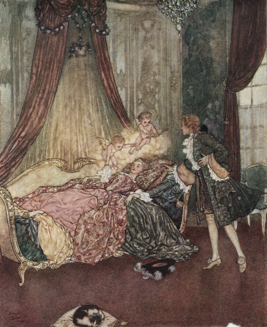 Śpiąca królewna: Książę z bajki odkrywa śpiącą dziewczynę, ok. 1910 (litografia) autorstwa Edmund Dulac