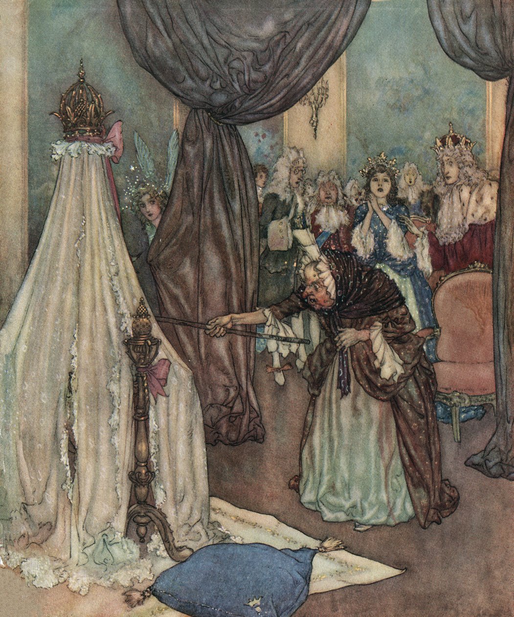 Śpiąca królewna: stary czart pochyla się nad łóżeczkiem księżniczki i przeklina ją, ok. 1910 r. (litografia) autorstwa Edmund Dulac