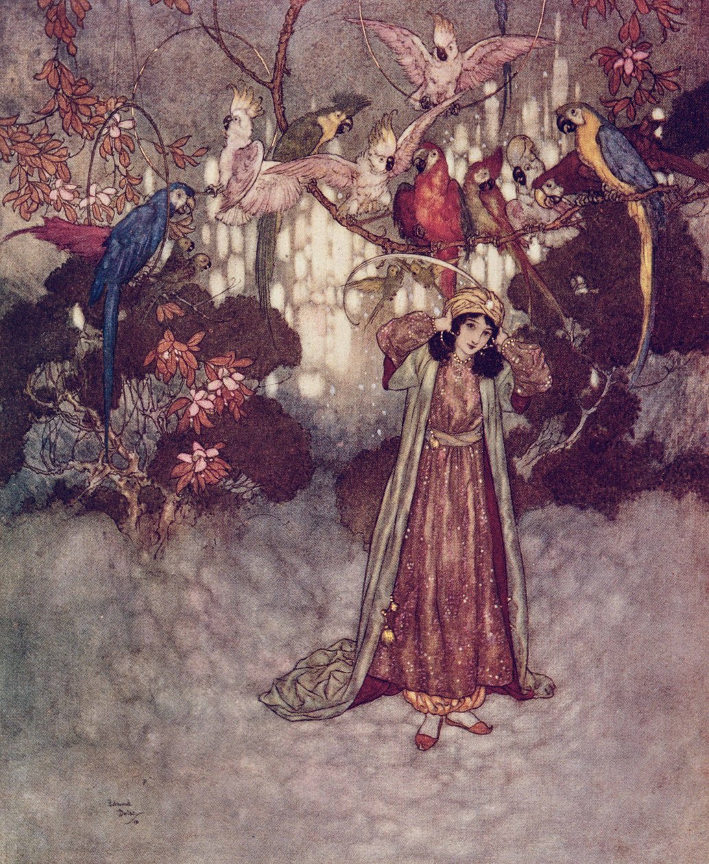 Gdy tylko zobaczyli Piękną, zaczęli krzyczeć i paplać" z "Pięknej i Bestii". autorstwa Edmund Dulac