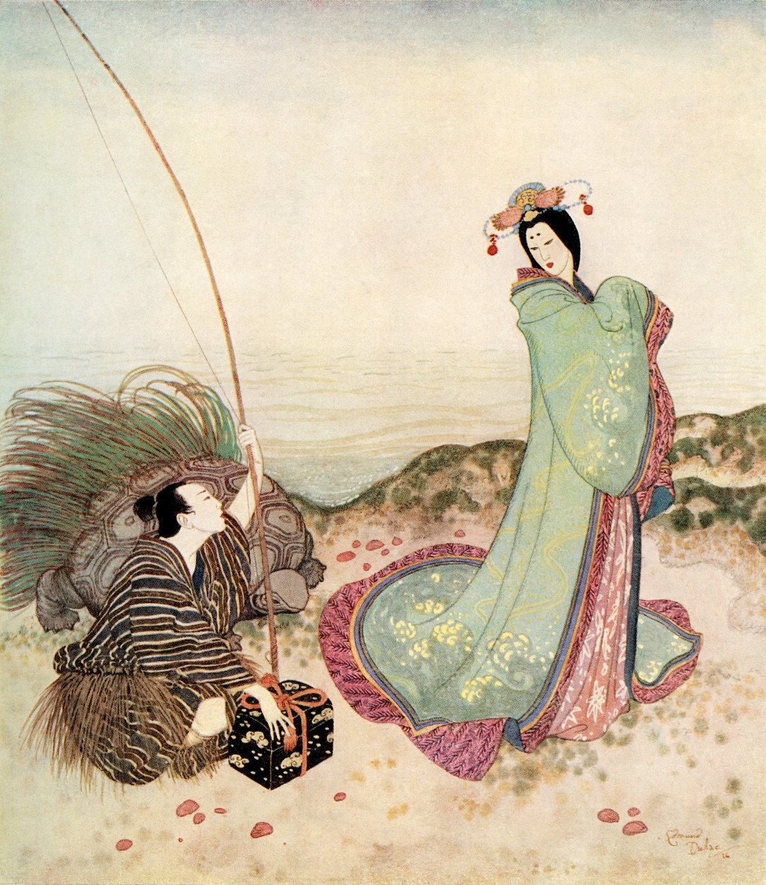"Urashima był tak oczarowany, że nie mógł wypowiedzieć ani słowa", ilustracja z japońskiej baśni The Story of Urashima Taro, z książki Edmunda Dulaca Fairy-Book: Fairy Tales of the Allied Nations, wyd. 1916 r. autorstwa Edmund Dulac