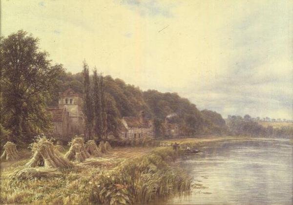Riverside Village z figurami łowiącymi ryby autorstwa Edmund George Warren