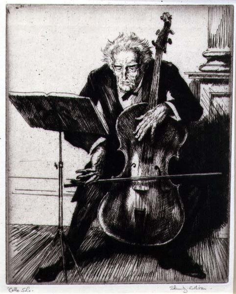 Wiolonczela Solo (akwaforta) autorstwa Edmund Joseph Sullivan