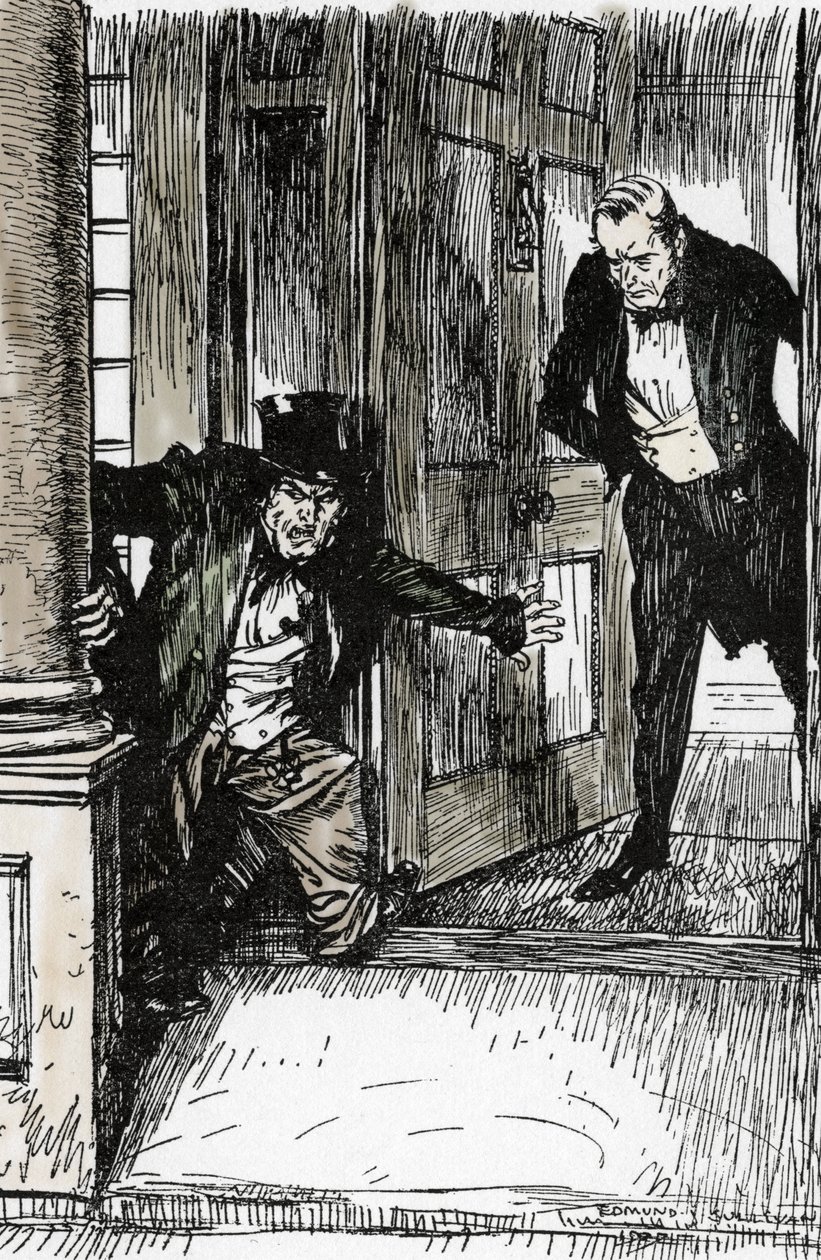 Dr Lanyon otwiera drzwi i odkrywa, że pan Hyde vetus ma o wiele za duże ubrania, ilustracja autorstwa Edmunda Josepha Sullivana (1869-1933) do powieści L