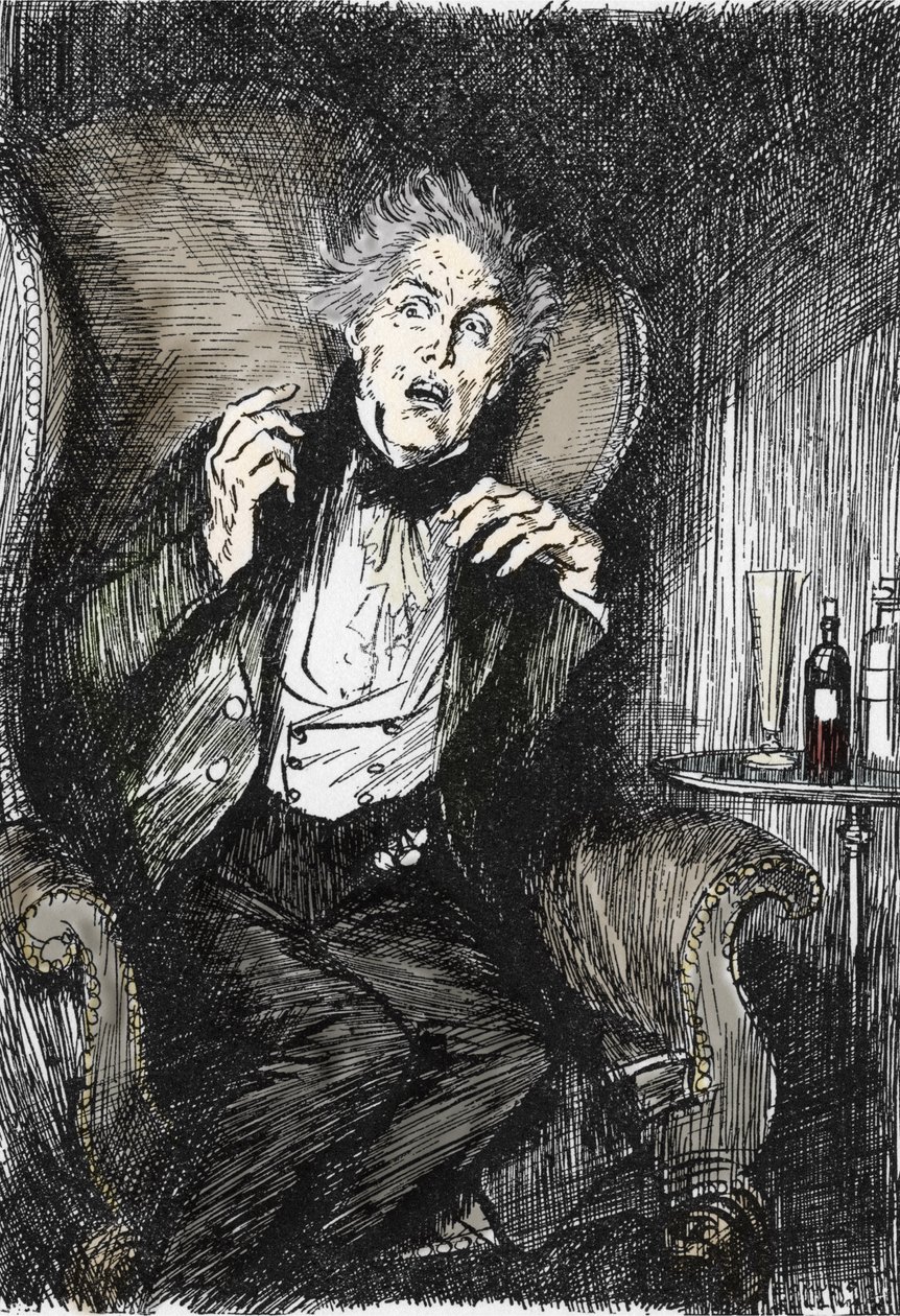 Dr jekyll w przerażeniu podczas rozmowy z Uttersonem i Enfieldem, ilustracja autorstwa Edmunda Josepha Sullivana (1869-1933) do powieści L