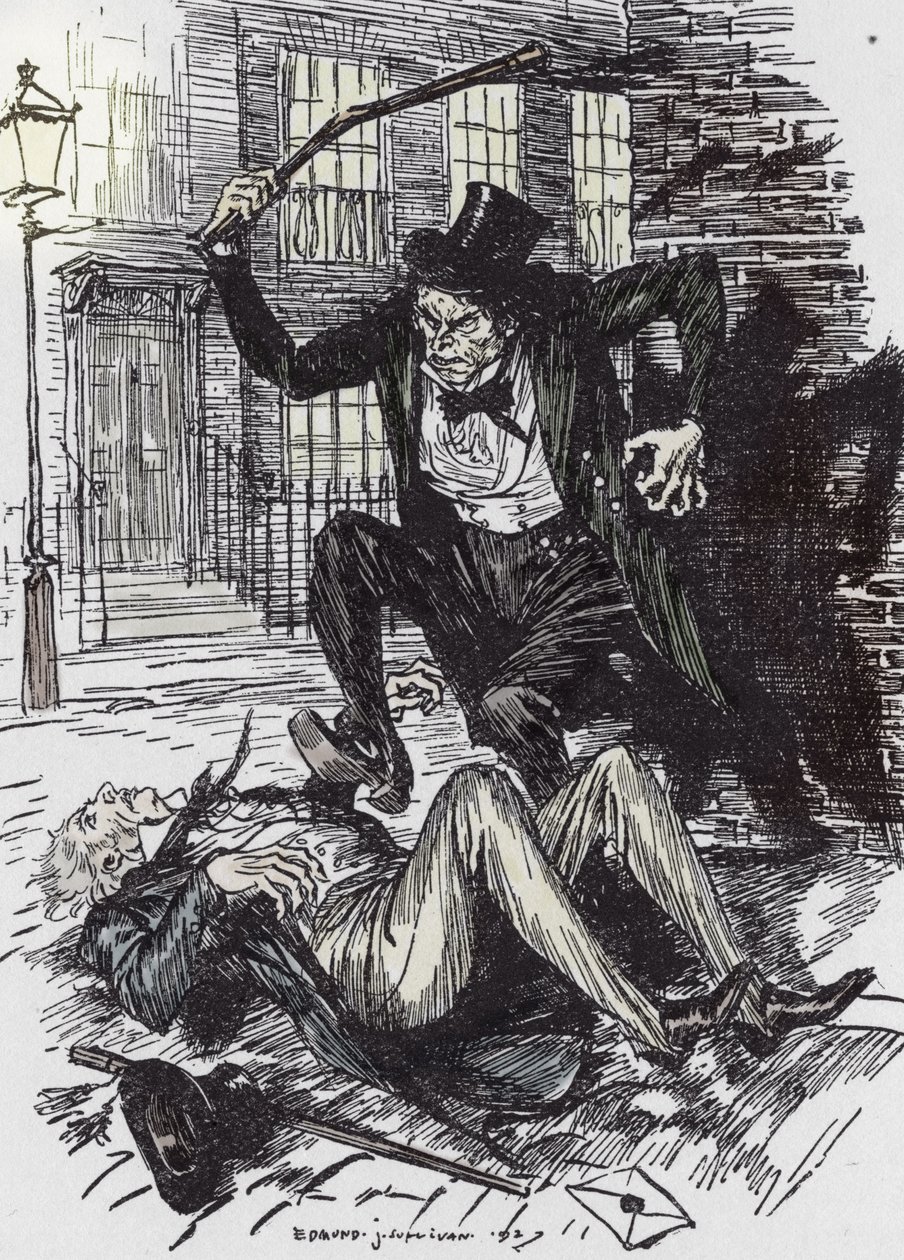 Mr Hyde zabójca Sir Danvers Carew, ilustracja Edmunda Josepha Sullivana (1869-1933) do powieści L