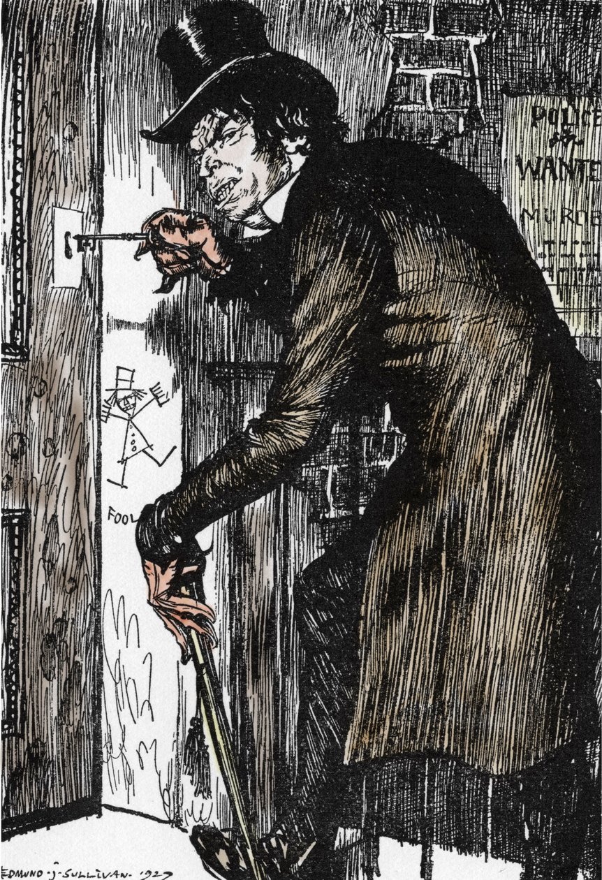 Pan Hyde wraca do domu po nocy pełnej przygód, aby zażyć antidotum i powrócić do postaci doktora Jekylla, ilustracja autorstwa Edmunda Josepha Sullivana (1869-1933) do powieści L