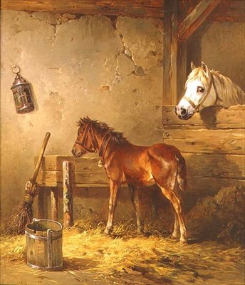 Klacz i źrebię w stajni (olej na płótnie) autorstwa Edmund Mahlknecht