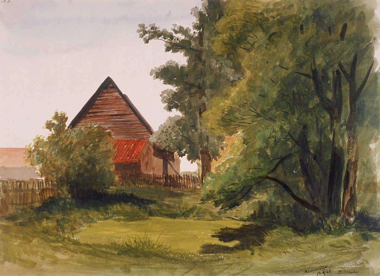 Widok na Hampstead ze stodołą po lewej, Hampstead, Camden, Londyn, 1842 r. autorstwa Edmund Marks