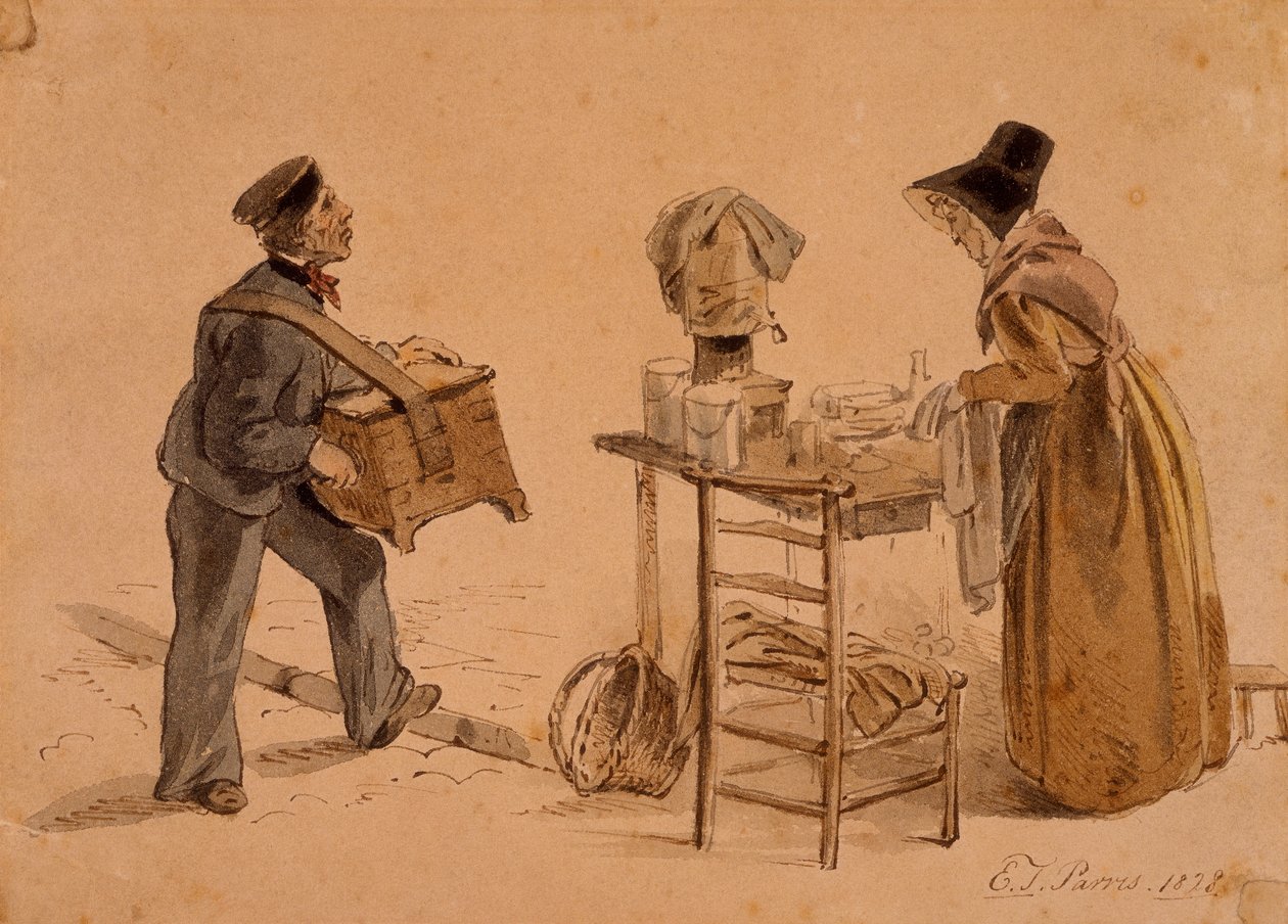Mężczyzna z katarynką i sprzedawcą kawy, 1828 autorstwa Edmund Thomas Parris