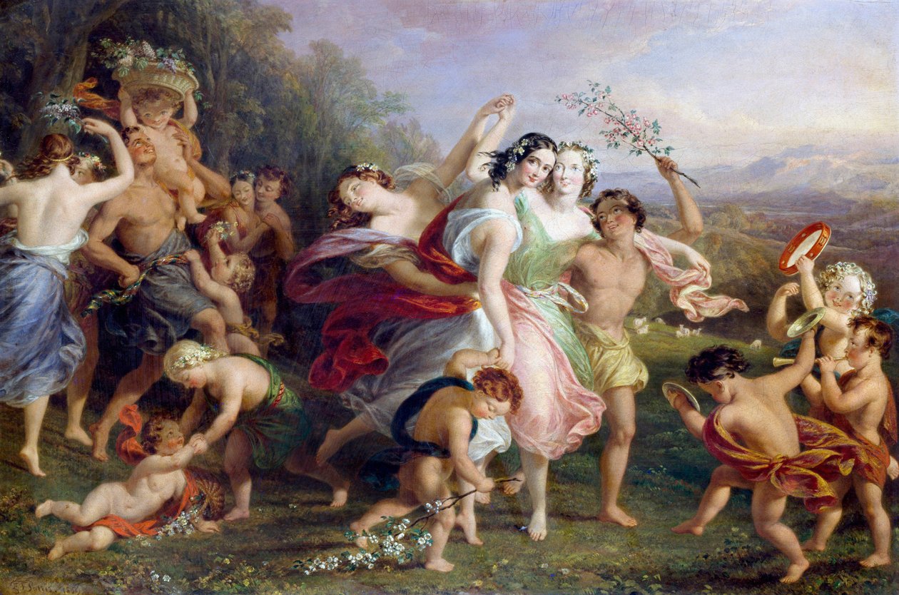 "Matinee de mai" Taniec i rundy leśnych postaci, dzieci w wieńcach z kwiatów. Obraz namalowany przez Edmunda Thomasa Parrisa (1793-1873) w 1859 r. autorstwa Edmund Thomas Parris