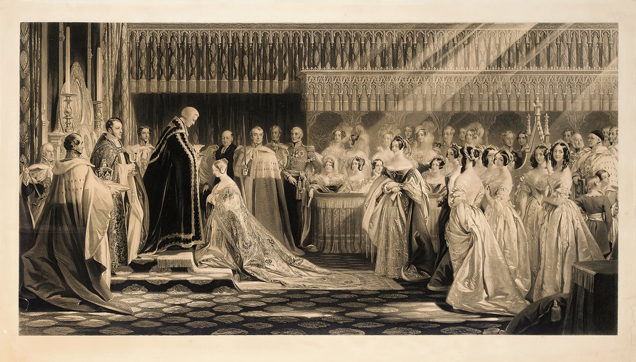 Koronacja Jej Królewskiej Mości Królowej Wiktorii w Opactwie Westminsterskim, 28 czerwca 1838 r., grawerowana przez Charlesa Edwarda Flagstaffa autorstwa Edmund Thomas Parris