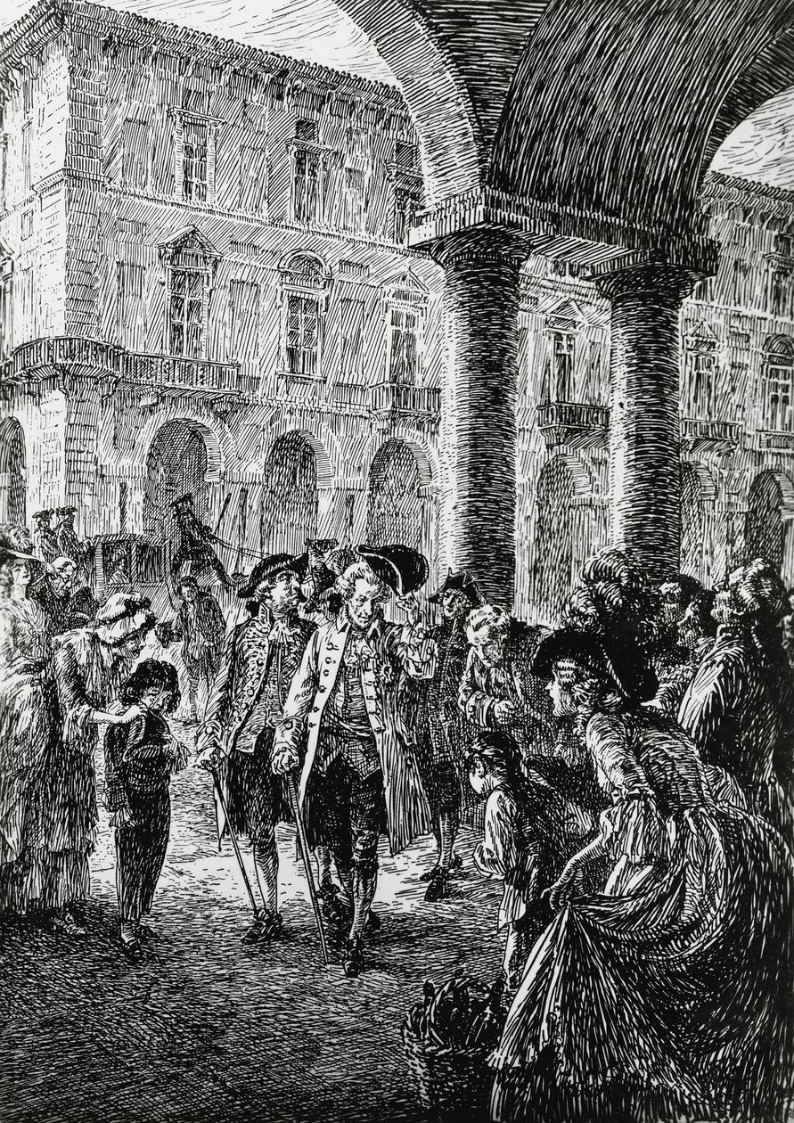 Spotkanie pod arkadami Turynu, ilustracja do Burzy, Satet, Turyn autorstwa Edoardo Calandra