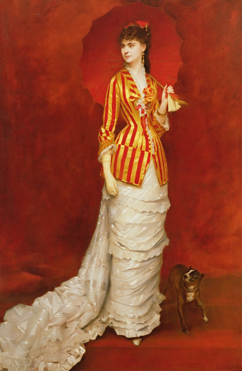 Portret damy w pasiastej marynarce z parasolem autorstwa Edouard Alexandre Sain