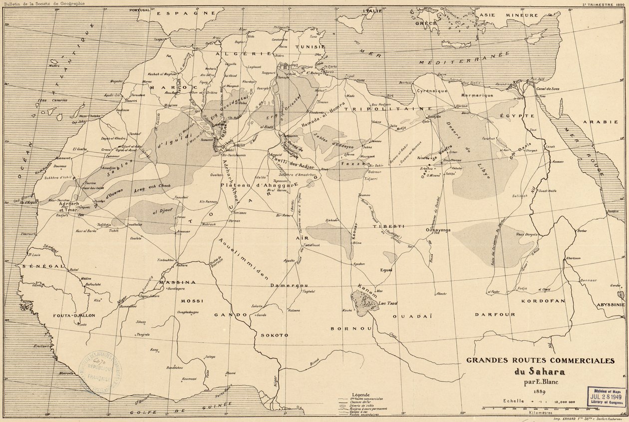 Mapa trans-saharyjskich szlaków handlowych z 1889 r. autorstwa francuskiego badacza Edouarda Blanca autorstwa Edouard Blanc
