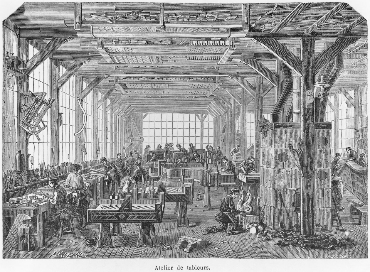 Warsztat wytwórców fortepianów Pleyel w okresie Drugiego Cesarstwa, ilustracja z „Les Grandes Usines” Juliena Turgana, ok.1880 autorstwa Edouard Renard