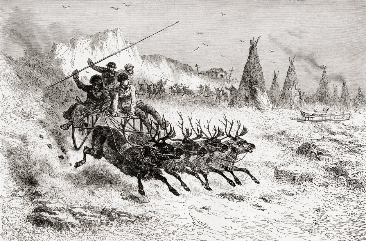 Samojedowie z Caborova na saniach ciągniętych przez renifery, 1878 autorstwa Edouard Riou
